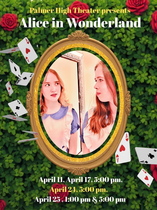 Alice looking into a mirror with playing cards and roses surrounding the frame