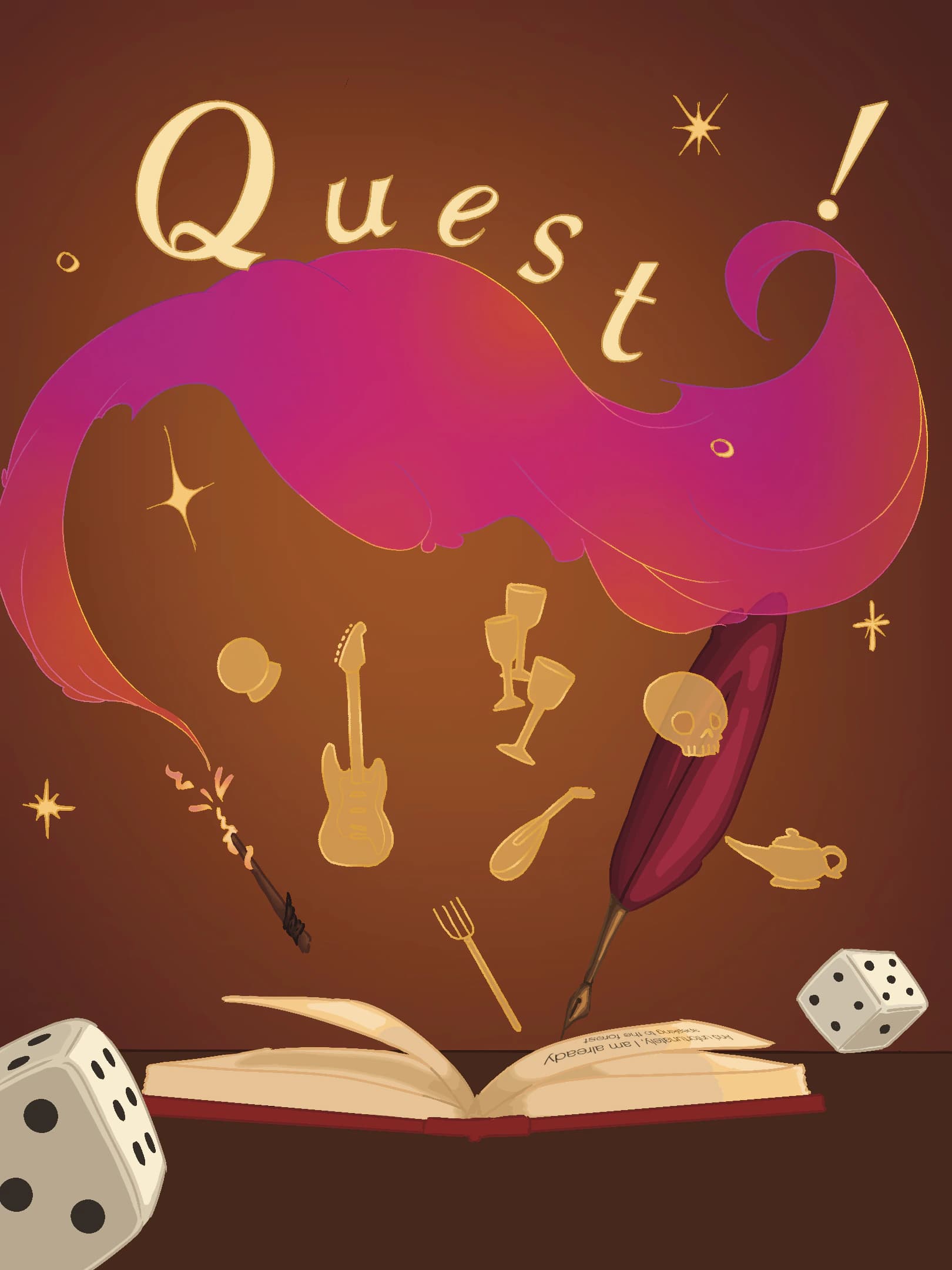 Quest! poster featuring a sweeping pink question mark above a book, dice, and theatrical props